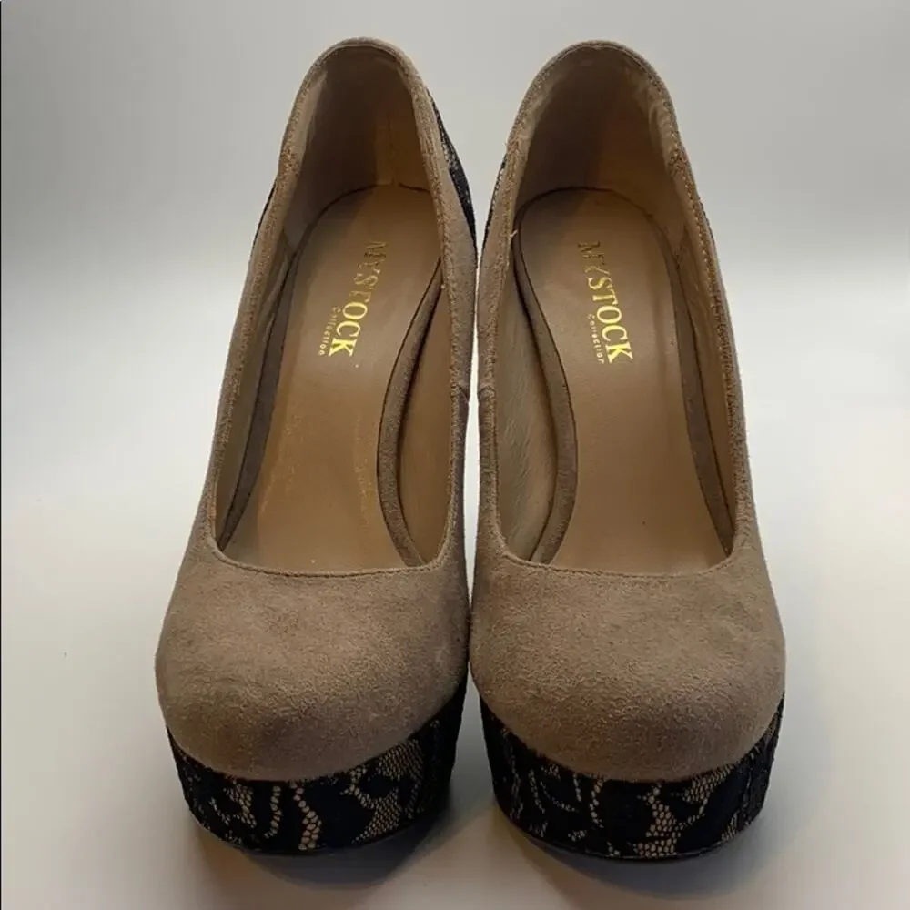 MyStock Faux Suede Platform Heels w Black Lace Detail Sz 7